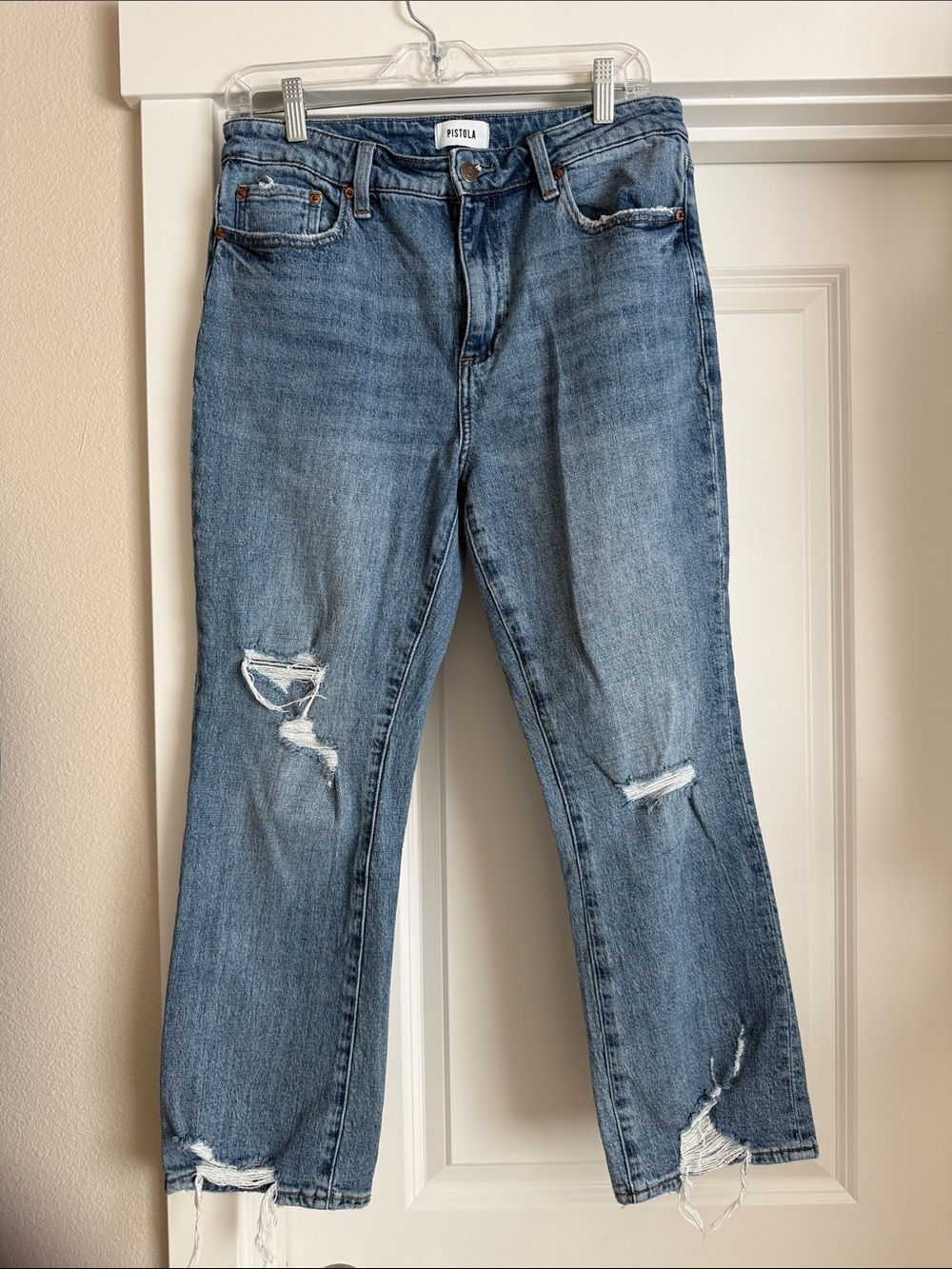 pistola Medium Blue Distressed Boyfriend Cropped Jeans